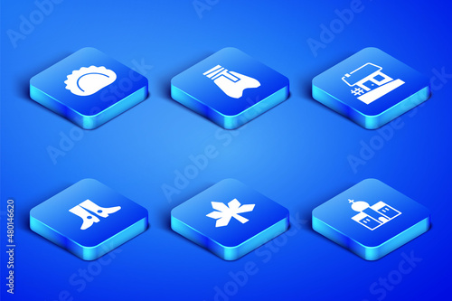 Set Church building, Dumplings, Chestnut leaf, Ukrainian footwear, Cossack pants and house icon. Vector