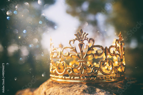 mysterious and magical photo of gold king crown in the woods over stone. Medieval period concept.