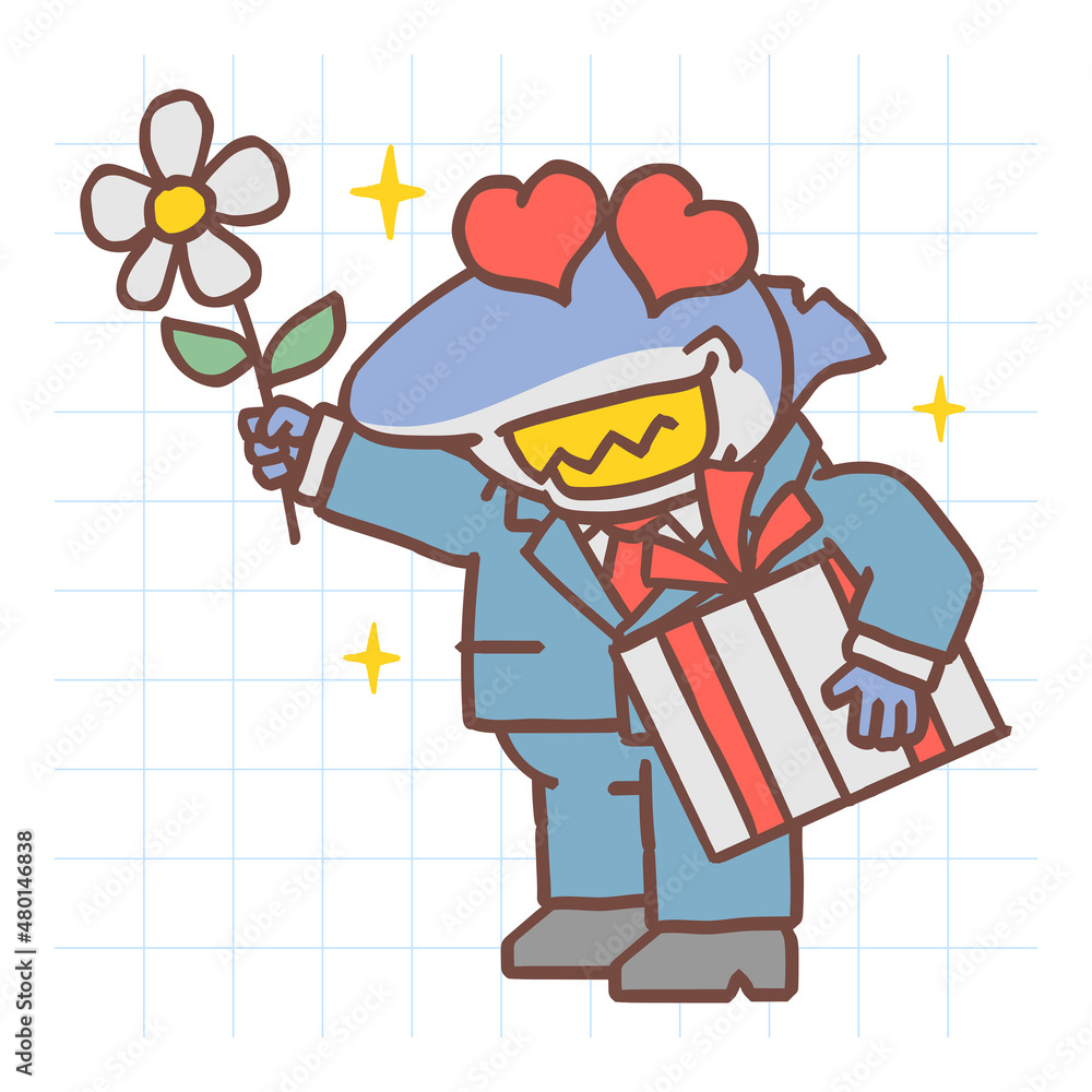 Boss shark enamored holds flower and gift. Hand drawn character. Vector Illustration Boss shark enamored holds flower and gift. Hand drawn character. Vector Illustration