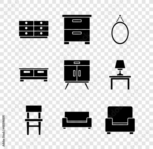 Set Chest of drawers, Furniture nightstand, Mirror, Chair, Sofa, Armchair, and icon. Vector