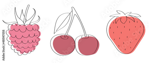 Raspberry, cherry and strawberry flat doodle freehand vector illustration template for juice packaging and baby food. Red berries with vitamin C for vegetarian nutrition.