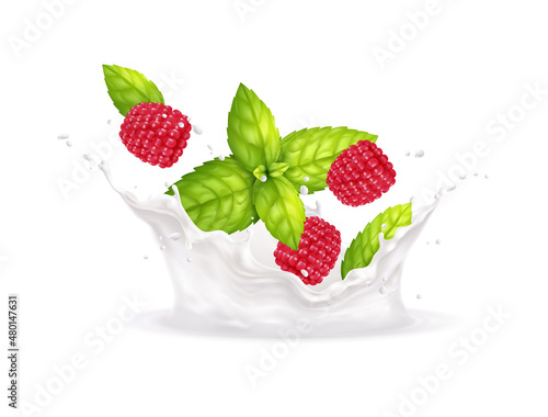 Raspberries Milk Splashes Illustration