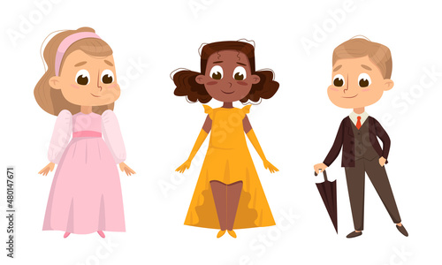 Cute Children Dressed in Elegant Clothes Standing and Smiling Vector Set