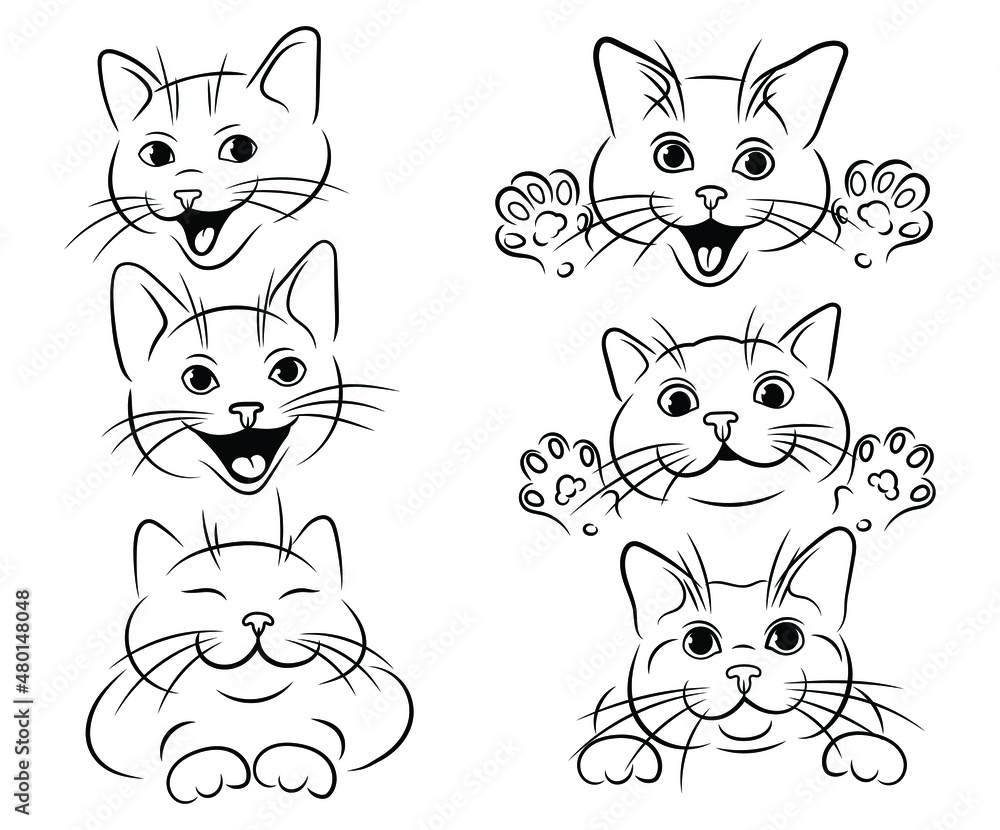 Set of head funny cats. Collection of cartoon portrait cats with paws. Vector illustration of cute cats. Peeking animals. Playing pets. Tattoo