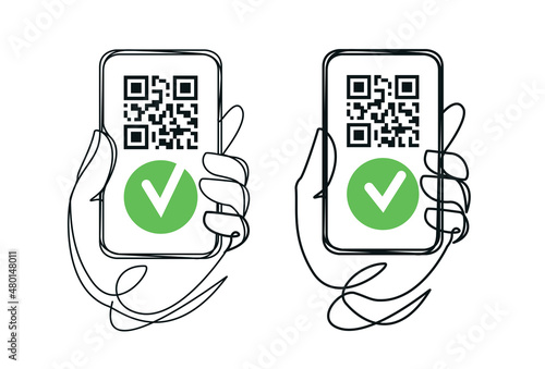 Vaccinated holding a phone with QR code Covid vaccine. Immunization certificate vector illustration