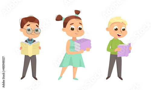 Cute Boy and Girl Nerd in Glasses Reading and Studying Book Vector Set