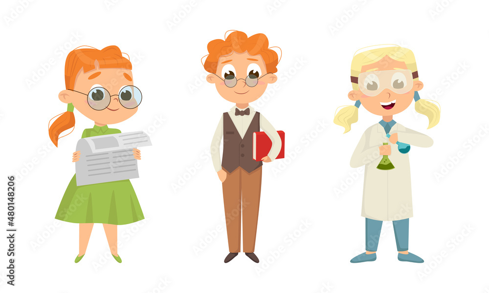 Cute Boy and Girl Nerd in Glasses Reading Newspaper and Making Experiment with Flask and Chemical Vector Set Cute Boy and Girl Nerd in Glasses Reading Newspaper and Making Experiment with Flask and Chemical Vector Set