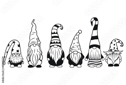 Set of little garden gnomes. Collection of cute holidays elves with hats. Vector illustration for New Year postcard. Drawing for children.