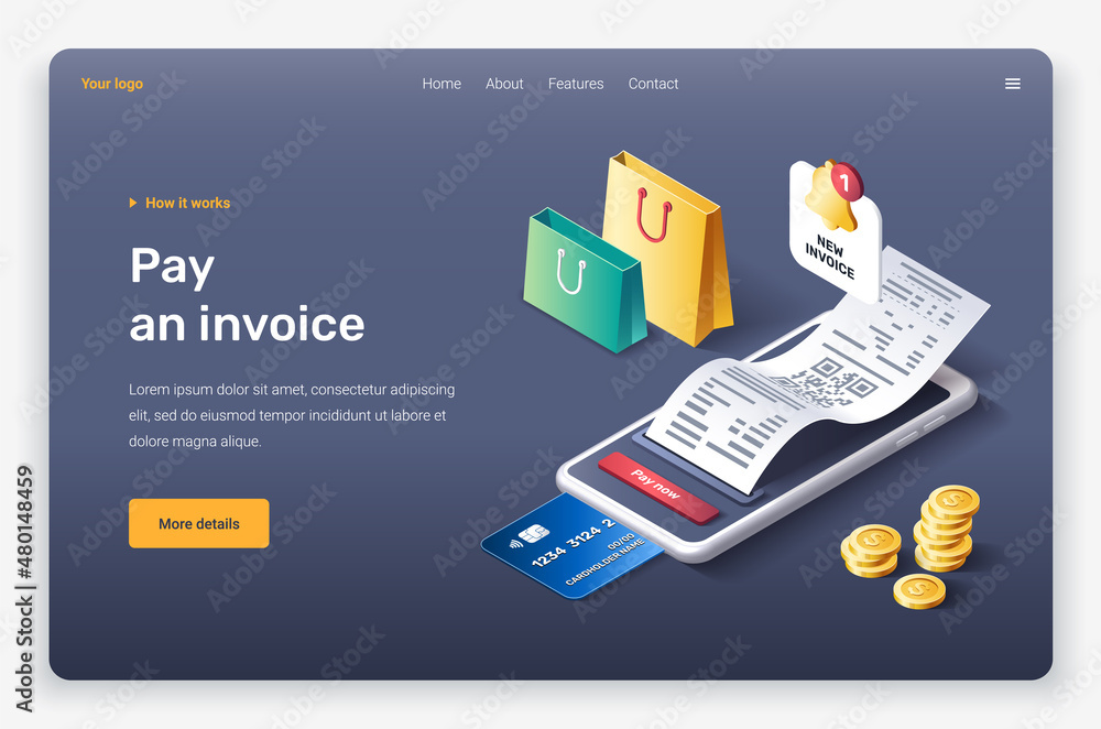 Isometric mobile device, bags, check, invoice, credit card, money, notification. Landing page template. Isometric mobile device, bags, check, invoice, credit card, money, notification. Landing page template.