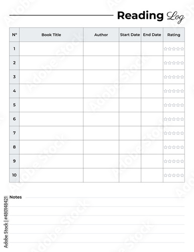 Tracking sheet for reading books