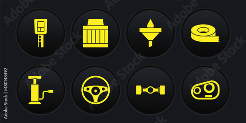 Set Car air pump, Scotch tape, Steering wheel, Chassis car, Funnel and oil drop, filter, headlight and key with remote icon. Vector