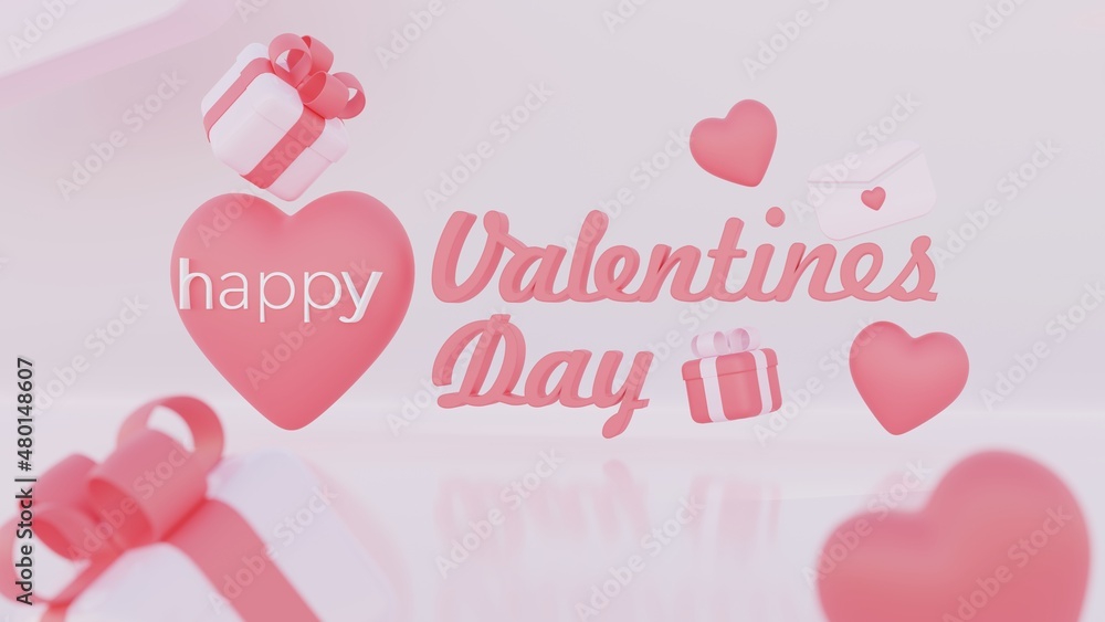valentine's day card with gifts and hearts 3d render