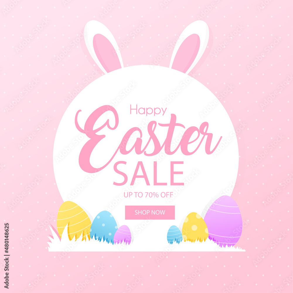 Happy easter, discount template, with bunny ears and easter eggs, pink color. Vector illustration. Happy easter, discount template, with bunny ears and easter eggs, pink color. Vector illustration.