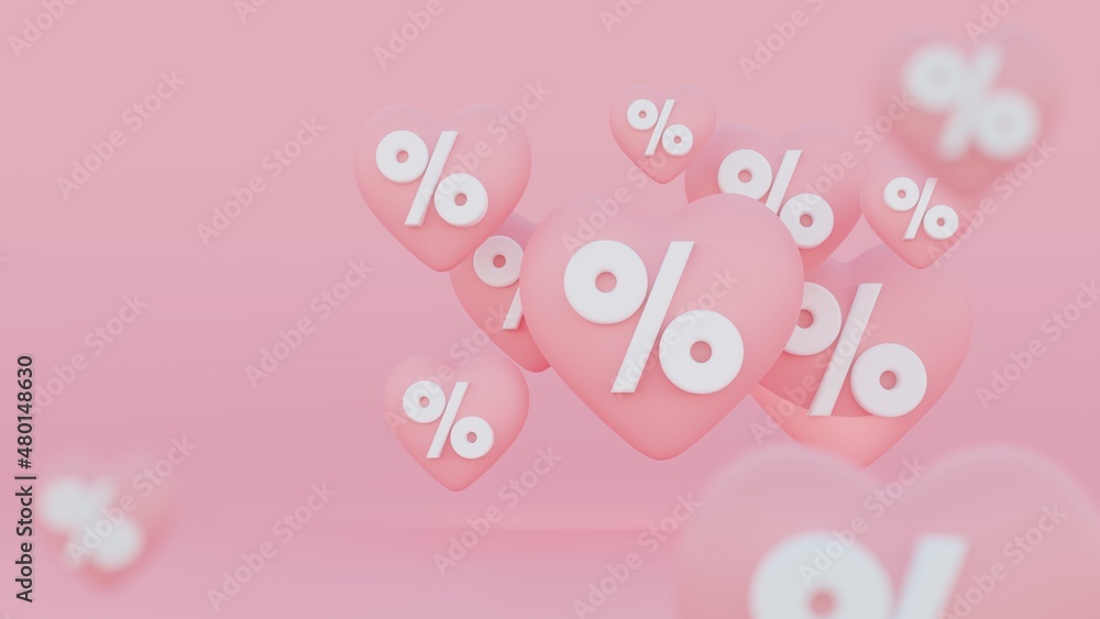 Background in a romantic style for discounts and promotions with hearts in pink colors 3d render