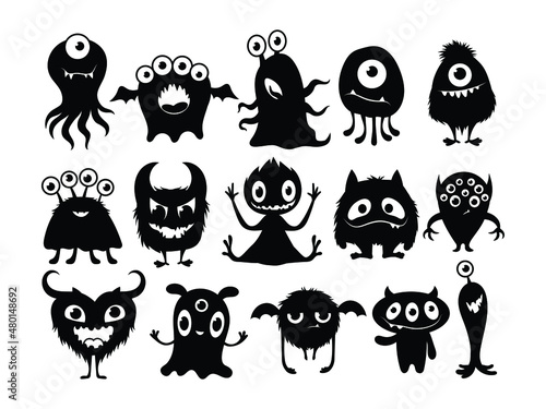 Set of silhouette cartoon monsters. Collection of happy monsters. Vector illustration for children. Cute mutants. Mythical animals.