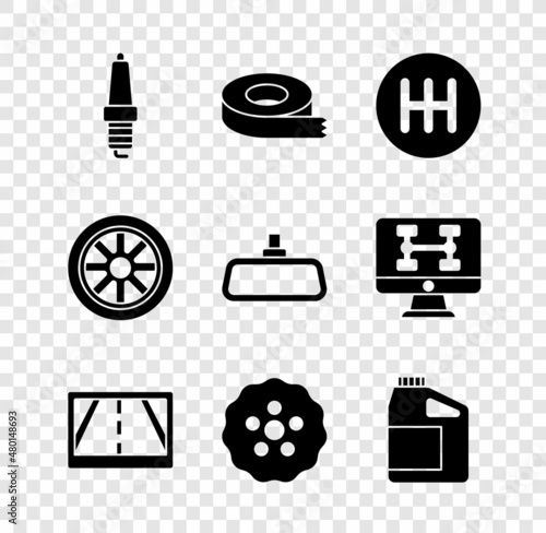 Set Car spark plug, Scotch tape, Gear shifter, Gps device with map, Canister for motor oil, wheel and mirror icon. Vector