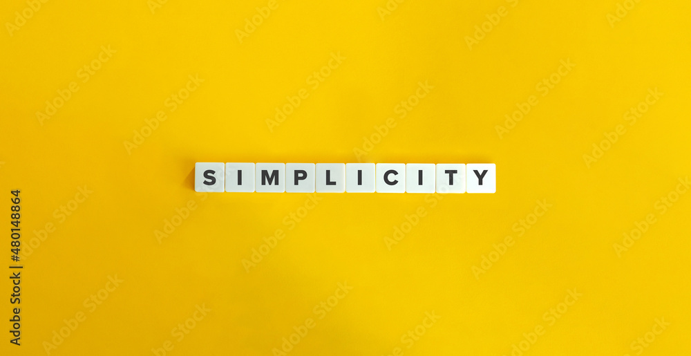 Simplicity Word and Banner. Letter tiles on bright orange background. Minimal aesthetics. - obrazy, fototapety, plakaty 