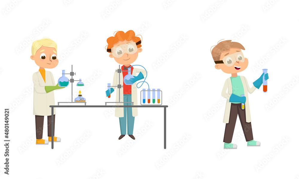 Funny Boy in Laboratory Coat Making Research with Chemicals in Glass Flask Vector Illustration Set Funny Boy in Laboratory Coat Making Research with Chemicals in Glass Flask Vector Illustration Set
