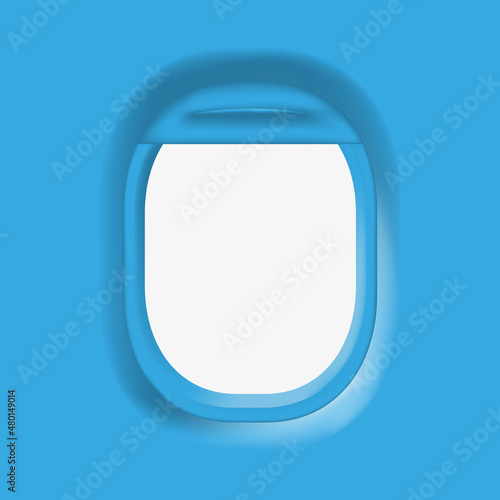 Window in the plane on a blue background as a symbol of travel