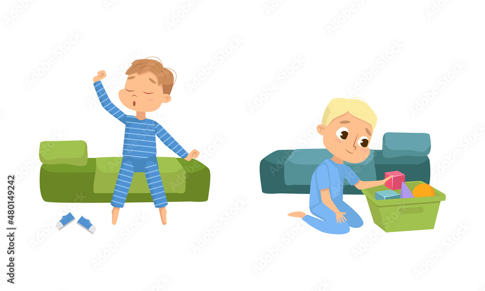 Little Boy Gathering Toys and Yawning Going to Bed Vector Set
