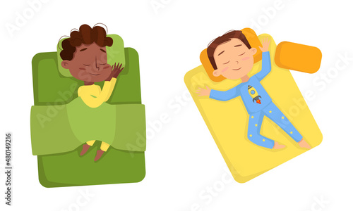 Little Boy Sleeping Sweetly on Soft Pillow Under Blanket in His Bed Vector Set
