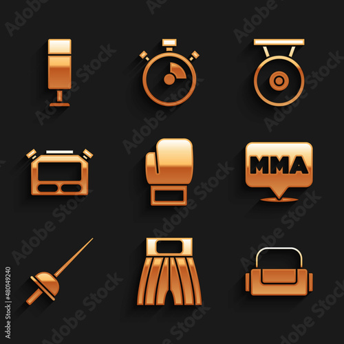 Set Boxing glove, short, Sport bag, Fight club MMA, Fencing, Stopwatch, Gong and Punching icon. Vector