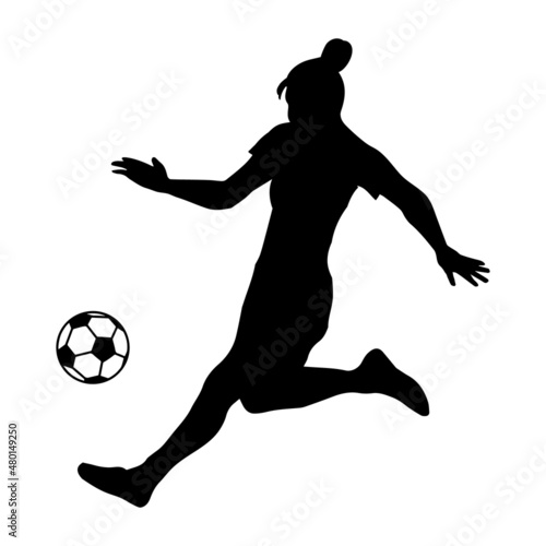 Silhouette soccer woman player. Player shooting.
