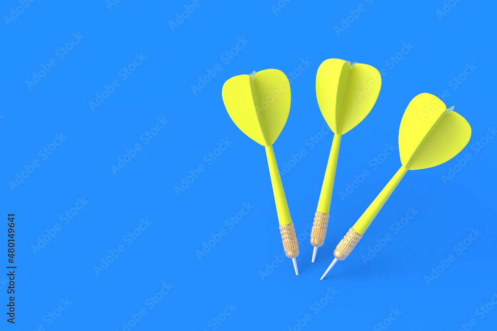 Toys for adults and children. Game for leisure. International tournament, competitions. Yellow darts on a blue background. Copy space. 3D rendering Toys for adults and children. Game for leisure. International tournament, competitions. Yellow darts on a blue background. Copy space. 3D rendering