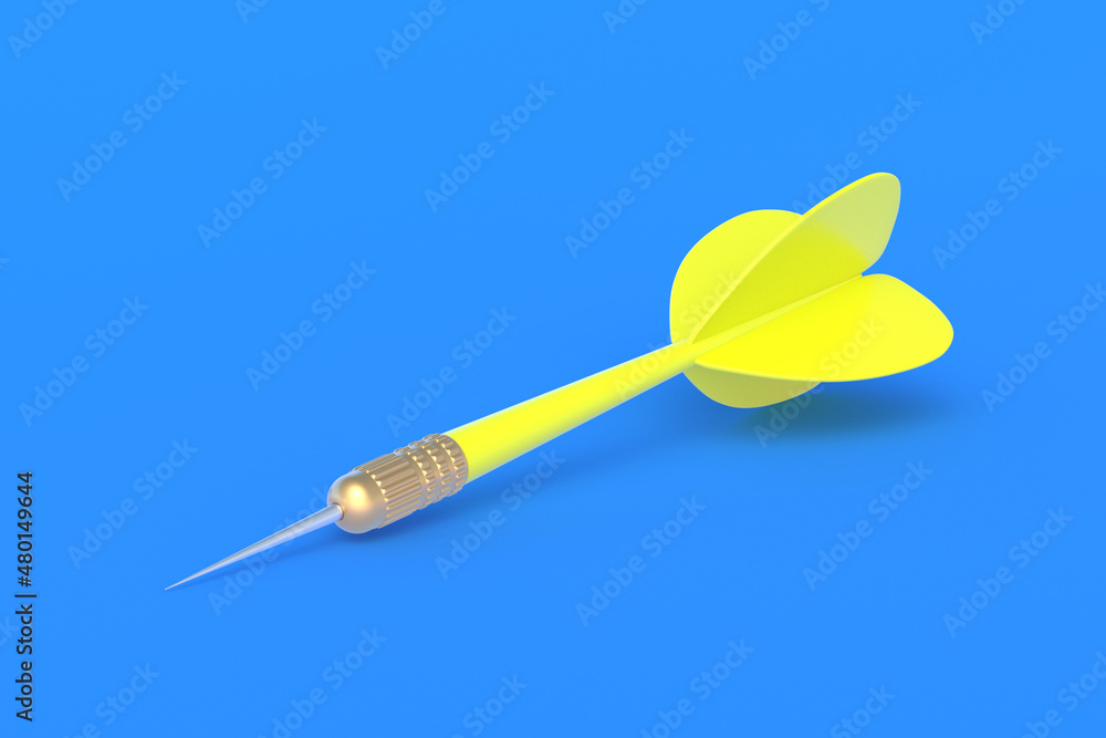 Toys for adults and children. Game for leisure. International tournament, competitions. Yellow dart on a blue background. 3D rendering