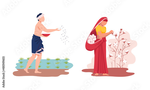 Asian Male and Female Farmer Cultivating Agricultural Crop Vector Illustration Set