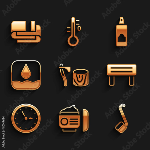 Set Wooden axe in stump, Cream or lotion cosmetic tube, Sauna ladle, wood bench, clock, Water drop, Spray can for hairspray and Towel stack icon. Vector