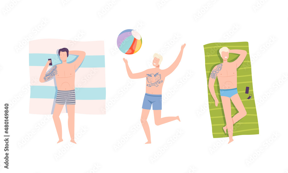 Young Man with Tattoo Wearing Swimming Suit Lying on Blanket on Beach and Playing Ball Vector Set