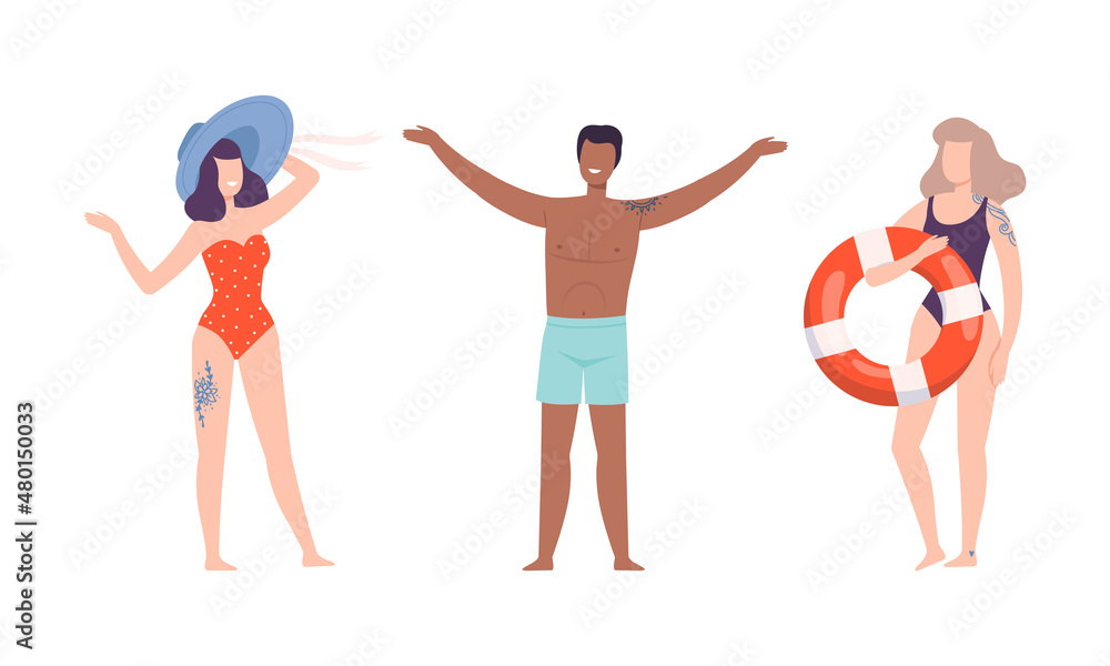 Young Man and Woman with Tattoo Wearing Swimming Standing on Beach with Rubber Ring Vector Set Young Man and Woman with Tattoo Wearing Swimming Standing on Beach with Rubber Ring Vector Set