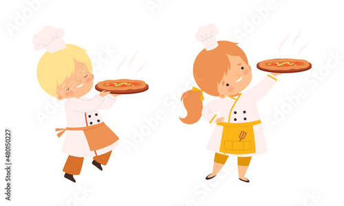 Little Boy and Girl Chef in White Toque and Jacket Holding Hot Baked Pizza Vector Set