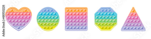 Fidget toy set. Popit sensory vector toy. Rainbow square popular pop it. 3d realistic antistress fidgeting toy. Pastel soft bubble pop it fidget vector. Heart circle square honeycomb triangle icon set