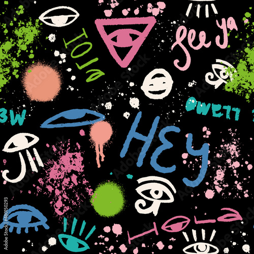 Graffiti seamless pattern with spray paint spots and lettering. Artistic paint blots, abstract splashes, various eyes