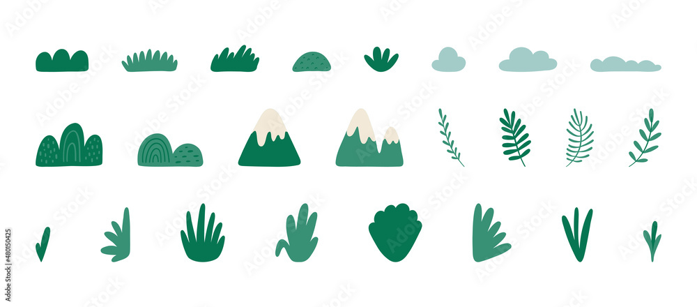 Obraz premium Large set of different abstract plants. Botanical clipart with isolated plants, mountains and hills on a white background. Colorful flat vector illustration