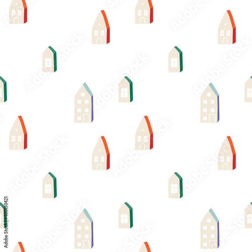 Minimalistic houses with colorful roofs. Seamless pattern with tiny cute houses. Modern stylish abstract vector illustration in flat style for wrapping paper  fabric print.