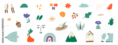 Spring clipart. Abstract flowers, plants, bird, butterfly, rainbow, garden tools, house. A set of various spring elements in a simple flat style. Vector illustration isolated on white background