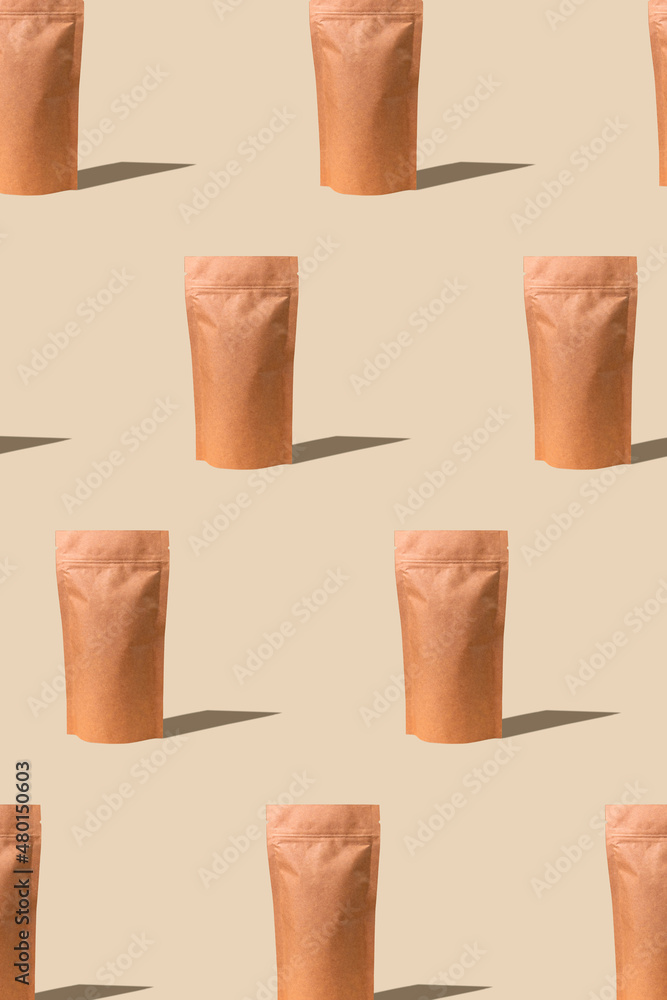 Pouch bag mockup pattern beige background harsh shadow. Merchandise packaging Blank brown kraft paper pack coffee bean product template Tea food snack delivery Shop store sale demonstration monochrome Pouch bag mockup pattern beige background harsh shadow. Merchandise packaging Blank brown kraft paper pack coffee bean product template Tea food snack delivery Shop store sale demonstration monochrome