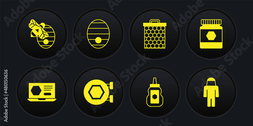 Set Honey online service, Jar of honey, Hanging sign with honeycomb, Honeycomb, Hive for bees, Beekeeper protect hat and icon. Vector