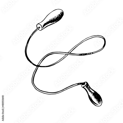 A hand-drawn ink sketch of  a skipping rope. Outline on a white background, vintage vector illustration.   Vintage sketch element for labels, packaging and cards design.