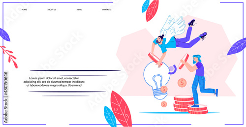 Business startup support concept of web page, angel investor and startup hub. Financial crowdfunding of  entrepreneurship, flat cartoon vector illustration for website and presentation page.