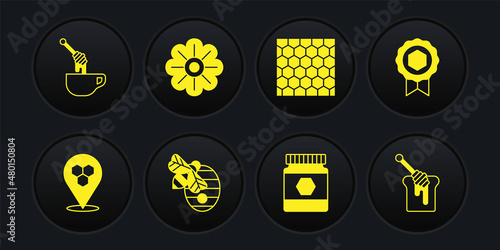 Set Honeycomb bee location, medal, Hive for bees, Jar of honey, Flower, dipper stick with and icon. Vector