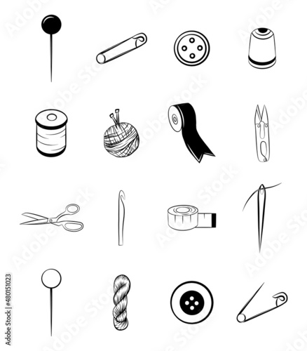 Handmade tools icon set isolated graphic outline shape sewing needle button roulette ribbon pin scissors yarn hook knitting thread ravel embroidery craft doodle emblem sign clip art