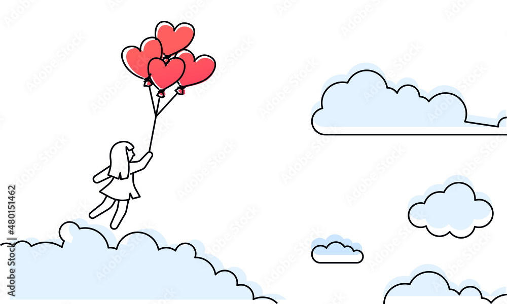 Bunch of heart balloons with gift in clouds for love and Valentine's Day greeting card.
