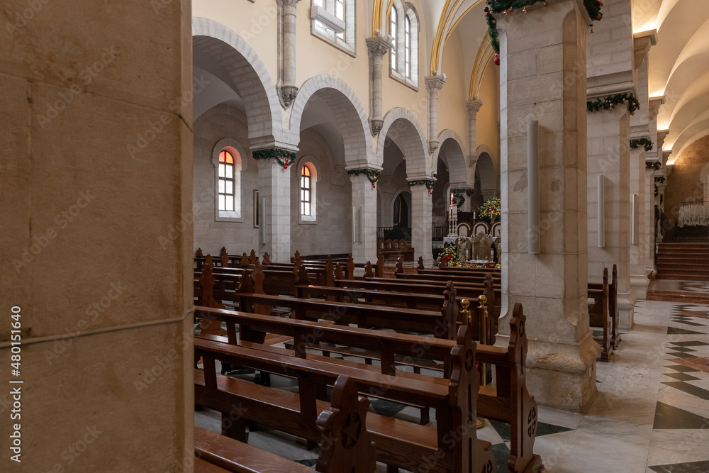 The interior of the main hall of the Chapel of Saint Catherine, near to the Church of Nativity in Bethlehem in the Palestinian Authority, Israel