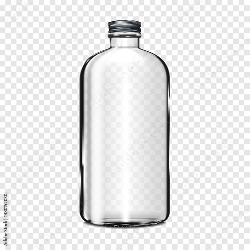Clear glass cylindrical bottle with metal screw cap on transparent background - realistic vector mock-up
