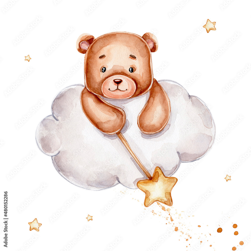Teddy bear with magic wand on cloud watercolor hand drawn illustration with white isolated background Stock Illustration Adobe Stock