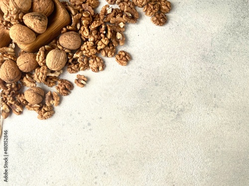 Walnuts background with space for text. Nuts seeds and shelled. Copy space